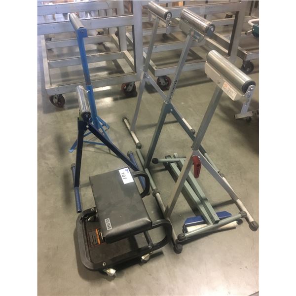 GROUP OF 5 SHOP MATERIAL ROLLERS AND MECHANICS ROLLING STOOL