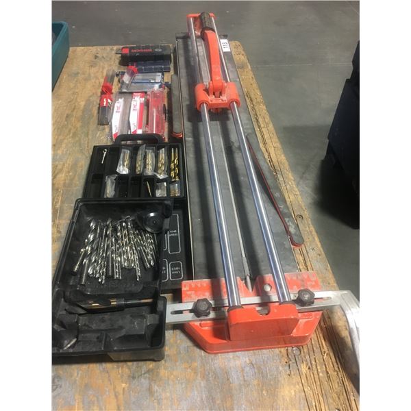 MANUAL TILE CUTTER AND ASSORTED DRILL BITS/RECIPROCATING SAW BLADES/ETC