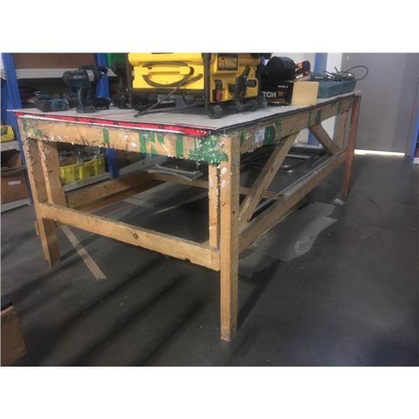 LARGE WOODEN WORK TABLE - APPROX 4FT X 8FT X 3FT HIGH