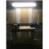 Image 1 : WOODEN WORK TABLE WITH 4" MECHANICS VISE, 8" BENCH GRINDER AND OVERHEAD LIGHT