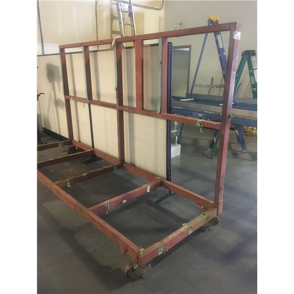 METAL FRAME 4 WHEEL MATERIAL STORAGE RACK - APPROX 10FT ACROSS X 6FT HIGH (BROWN)