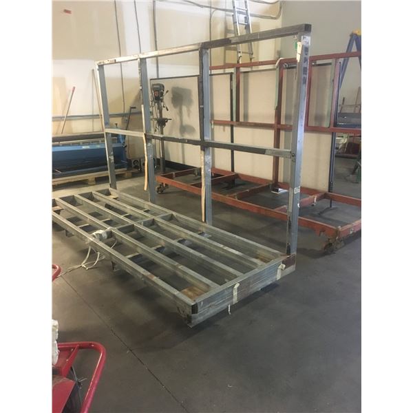 METAL FRAME 4 WHEEL MATERIAL STORAGE RACK - APPROX 10FT ACROSS X 6FT HIGH (GREY)