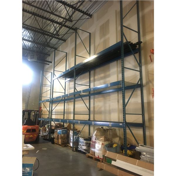 * 3 BAYS OF BLUE PALLET RACKING WITH MESH DECK - APPROX 32FT ACROSS X 3 1/2FT DEEP X 24FT HIGH