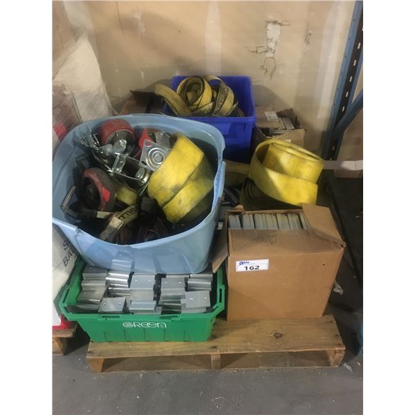 PALLET OF ASSORTED ITEMS-CASTORS, LOAD STRAPS, ALUMINIUM DOOR/WINDOW HARDWARE, ETC