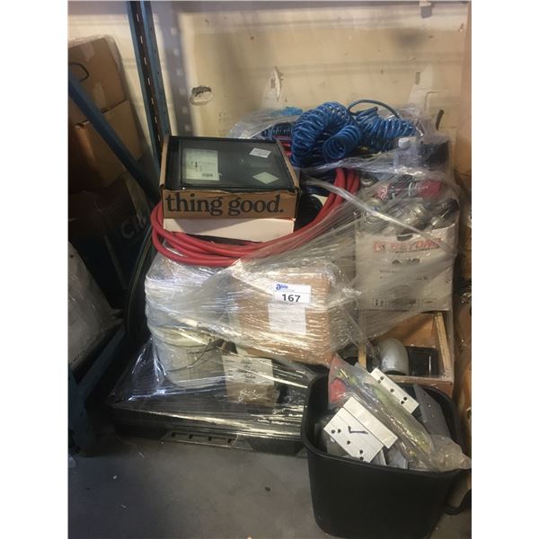 PALLET OF ASSORTED ITEMS-AIR LINE HOSE, SPRAY PAINT, ALUMINIUM DOOR/WINDOW HARDWARE, ETC
