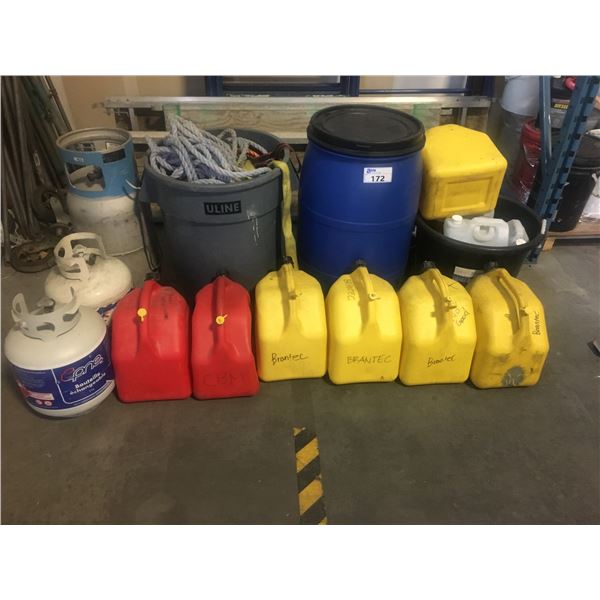 GROUP OF JERRY CANS, PROPANE CYLINDERS, BARREL, GARBAGE CAN, ETC
