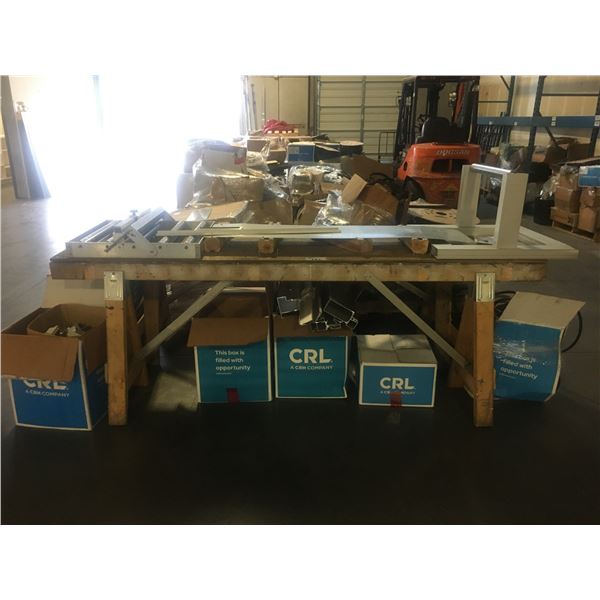 ASSORTED ALUMINUM DOOR/WINDOW MATERIAL AND WOODEN WORK TABLE