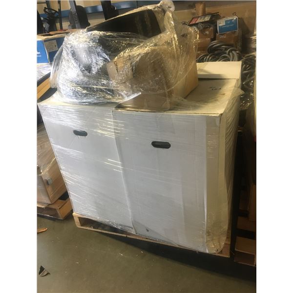 PALLET OF GREY FOAM WEATHER STRIPPING ROLLS, WEATHER STRIPPING AND STRAP BANDING