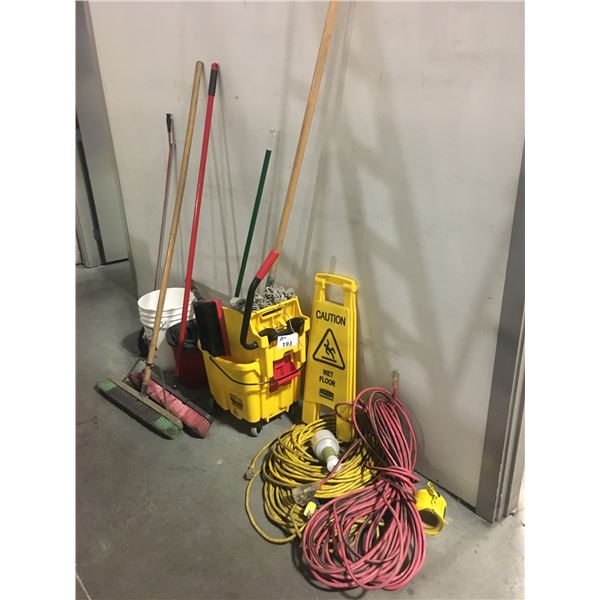 GROUP OF SHOP ITEMS-MOP BUCKET, EXTENSION CORDS, BROOMS, ETC