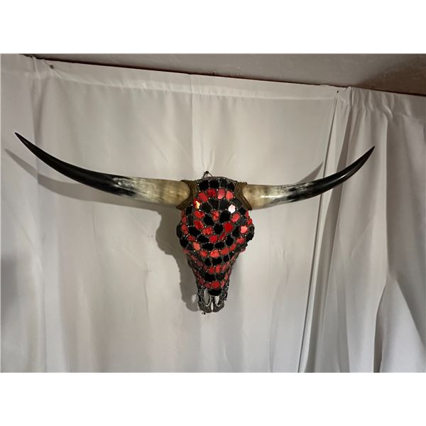 Decorative Longhorn Skull Adorned with Red Howlite & Black Hematite Stones