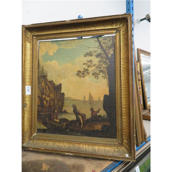 Framed Oil On Board "Vintage Seaside Scene" - 24 x 30 - Frame Damaged