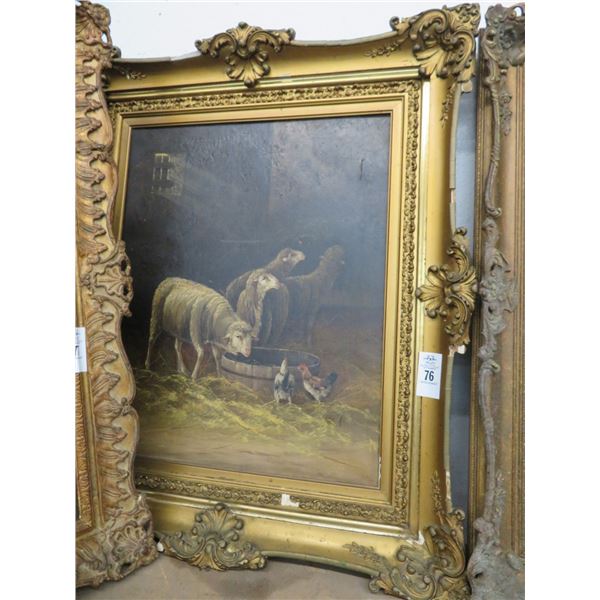 Ornately Framed Oil On Canvas  Sheep In The Chicken Pen  - 24 X 30 - Frame Damaged