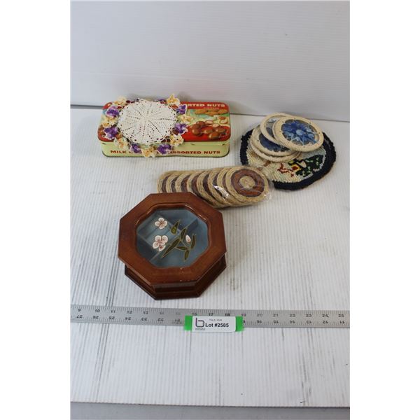 Pot Holders, Coasters, Jewellery Box, Collector Tin, Costume Jewellery, Doily, etc.