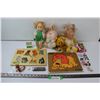 Image 1 : Lot of Retro Childrens Toys: Fisher Price Matching Puzzles, (2) Dolls, (2) Stuffies, Erasers, Harmon