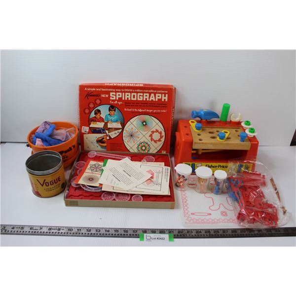 Lot of Retro Childrens Toys: Spirograph, Fisher Price Work Bench, McDonalds Tracing, Misc.