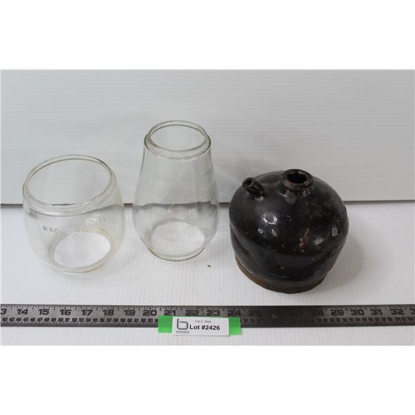 (2) Clear Lamp Shades -7" & 5" Tall, Black Ceramic Soy Sauce Jar