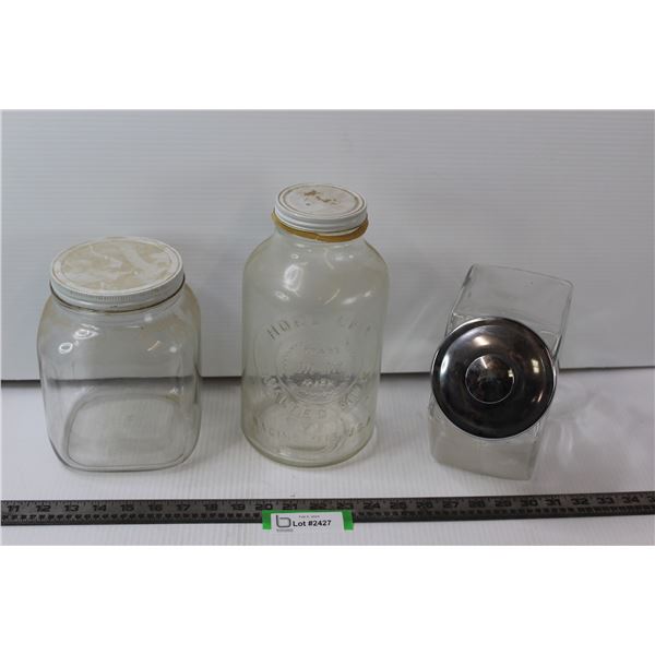 (3) Clear Glass Kitchen Containers: Horlicks Malted Milk Jar, Hexagon, Square Jar