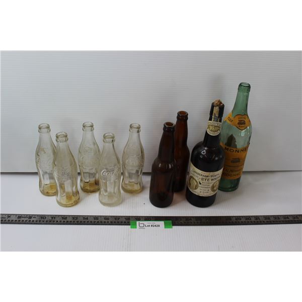 (6) Coca Cola Bottles, (2) Brown Beer Bottles, Gooderham Rye Bottle, Monnet Bottle