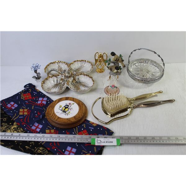 Cloth Bags - Divided Serving Dishes - Vintage Mirror & Brush Set - Decorative Ornaments