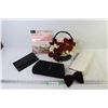 Image 1 : Bow Tie - Wallet - (2) Clutch Purses - Basket w/Flowers - Tea Towels (NIB)