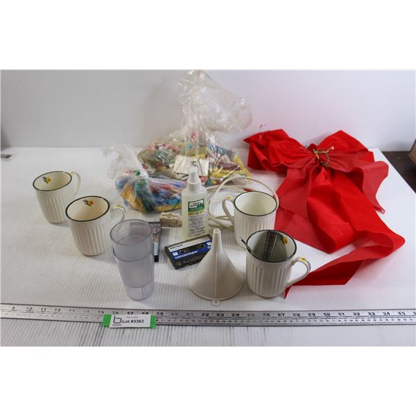 (4) Mugs, (2) Restaurant Cups, Christmas Bows, Misc.