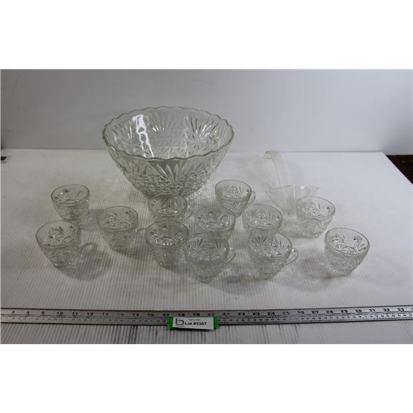 Glass Punch Bowl with Ladle and (12) Glass Cups