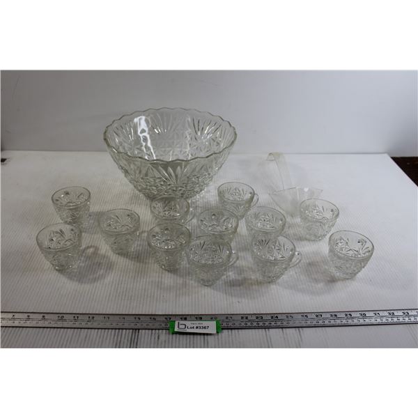 Glass Punch Bowl with Ladle and (12) Glass Cups