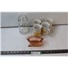 Image 1 : (4) Mugs, Glass Cannister, Glass Sleigh Ornamental Dish