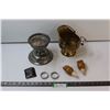 Image 1 : Brass Watering Pitcher, Tray, Pedestal, Owl Wine Stoppers, Napkin Rings, Gold Tone Jewellery Chain