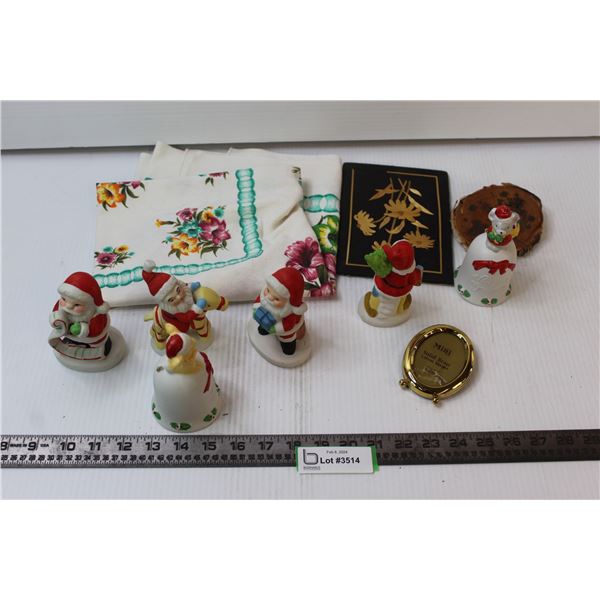 Table Cloth, Brass Mini Picture Frame, Bangladesh Straw Art, Santa Ornaments, Seasons Greetings Bell