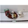 Image 1 : Ceramic Serving Dish, (2) Mugs, Small Enamel Pot, Vase, Small Oil Lamp, Rotating Christmas Ornament