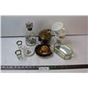 Image 1 : Brass Teapot, (3) Mugs, Decanter, (2) Shot Glasses, Small Plates, Chalkware, Glass Display Case, etc