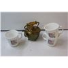 Image 2 : Brass Teapot, (3) Mugs, Decanter, (2) Shot Glasses, Small Plates, Chalkware, Glass Display Case, etc
