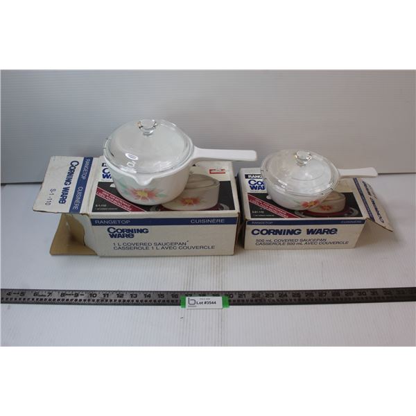 (2) Corning Ware Covered Saucepans - Peony Pattern - In Boxes