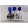 Image 1 : (2 Goblets, Blue Glass, Pedestal Glass Tray, Fancy 4 Compartment Basket