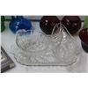 Image 2 : Clear Glass Serving Tray Set, (2) Colored Glass Vases, Green Ceramic Vase, (3) Red Glass Tealight Ho