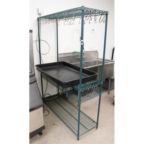 METAL SHELVING RACK W/ HOOKS