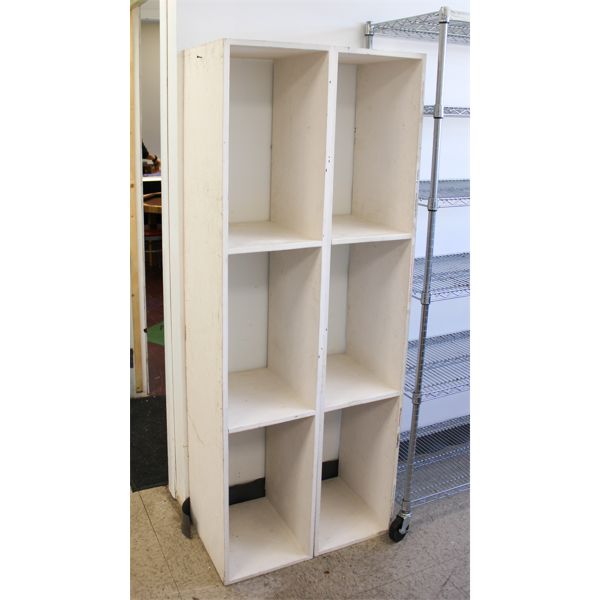 PAIR OF WOODEN STORAGE SHELVES