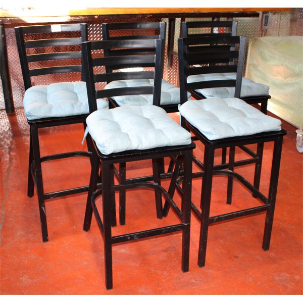 FIVE HIGH BACK WOOD STOOLS