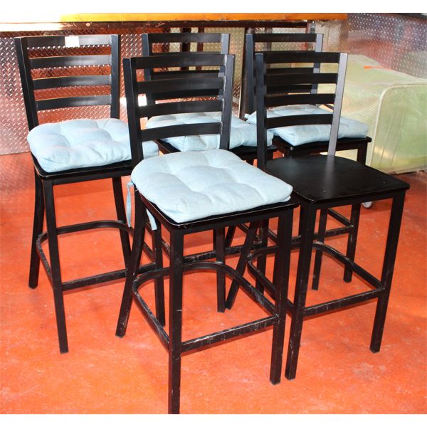 FIVE HIGH BACK WOOD STOOLS