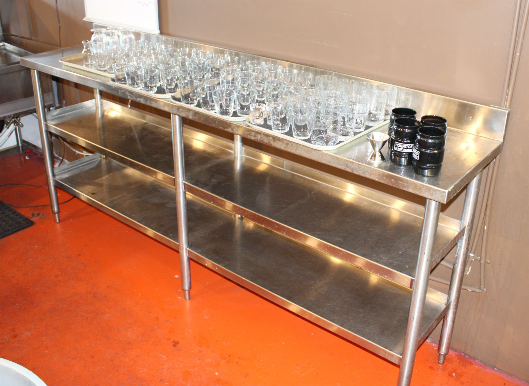 STAINLESS STEEL PREP TABLE W/ STORAGE SHELVES