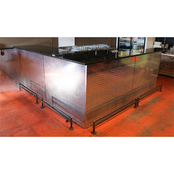 LARGE MARBLE TOP BAR W/ HEX PLATE SIDING