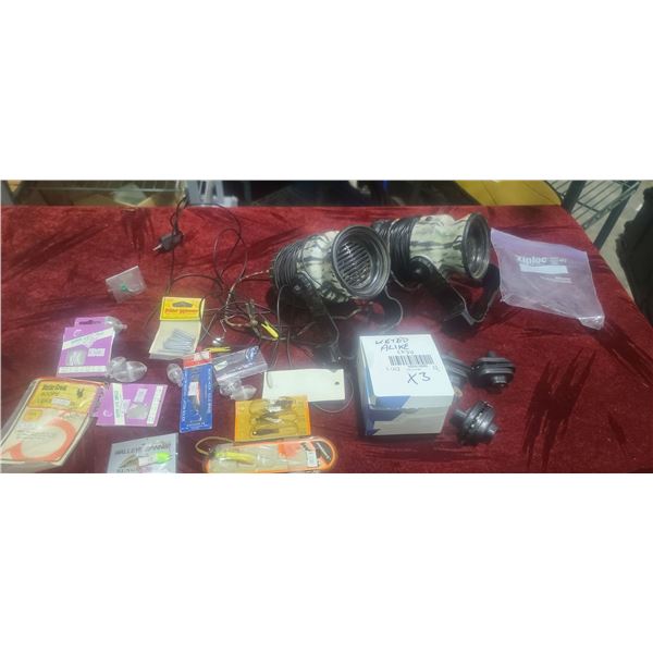 MISC: SPEAKERS, BAG OF FISHING LURES, AND THREE SAME KEYED TRIGGER LOCKS (ONE KEY)