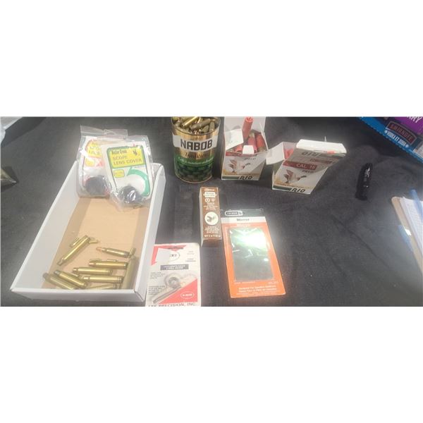 MISC FLAT: TWO BOXES OF HAND LOADED 16GA #6 (USE AT OWN RISK), LEE .223 CASE TRIMMER, EMERGENCY MIRR