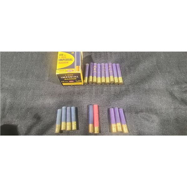NINE ROUNDS OF IMPERIAL MAGNUM 3" .410 #5 3/4OZ, THREE CIL 2 1/2" SLUGS,  6 OTHER ,410GA (18 IN TO