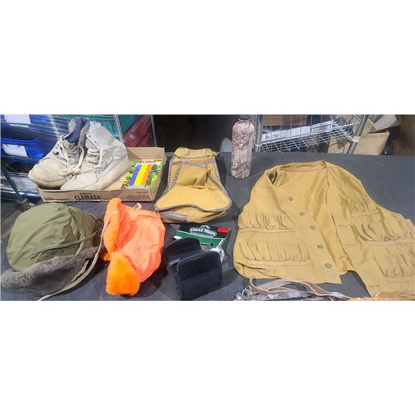 LEATHER MOCCASINS, SMALL HUNTING VEST, AMMO POUCH, TWO HATS, POUCH, WATER BOTTLE, AND BOLTS