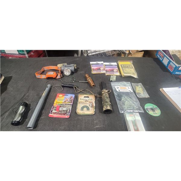 VARIOUS BIG GAME CALLS, PONCHO'S, AND HEAD LAMPS