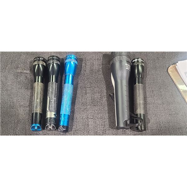 THREE AA MINI MAG FLASH LIGHTS AND TWO OTHER