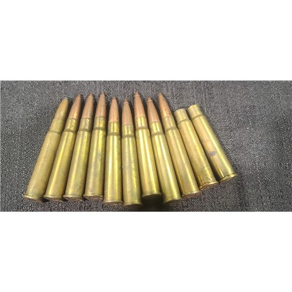 NINE .303 BRIT ROUNDS AND TWO BRASS