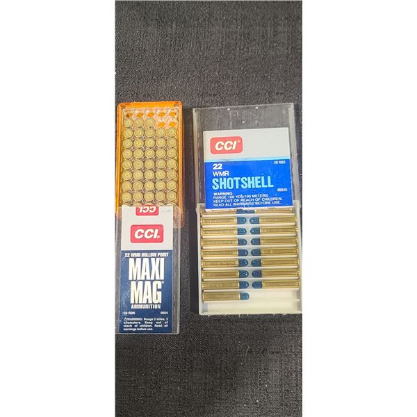 QTY42 CCI WMR HOLLOWPOIN MAXI MAG AND QTY17 .22WMR SHOT SHELL\